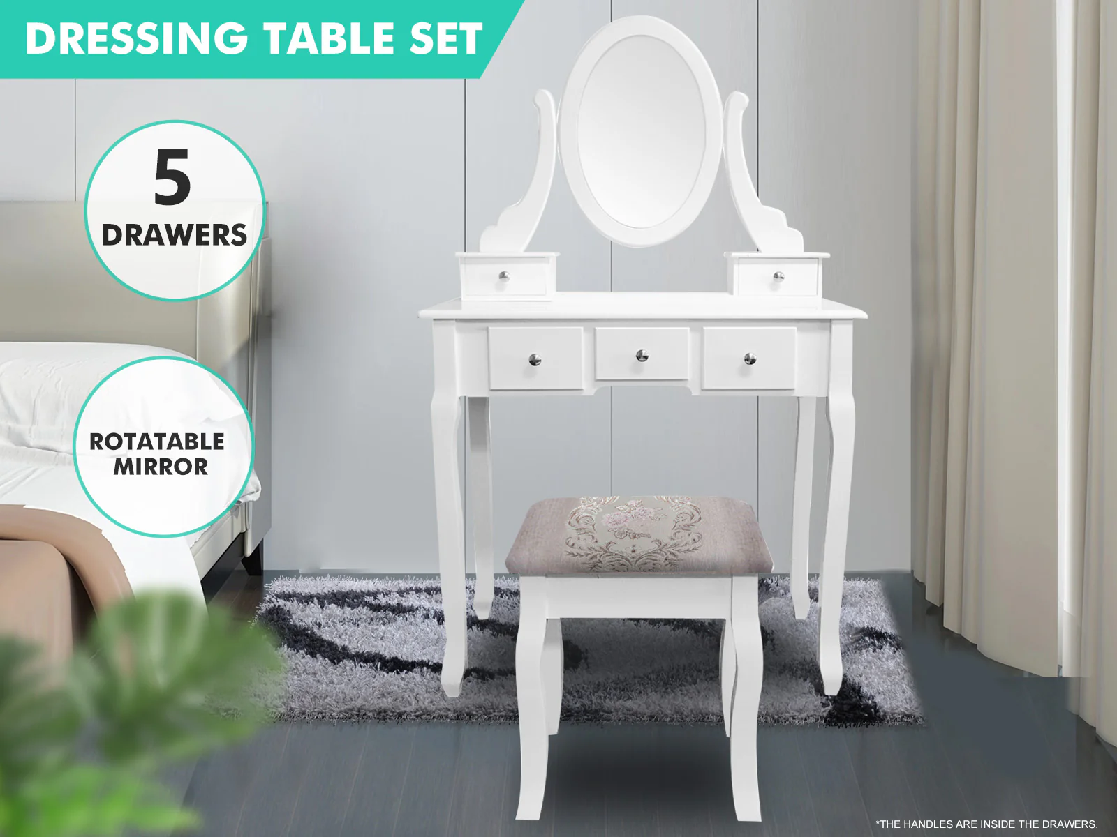 5-Drawer Dressing Table Set White - 80 cm - Image 2