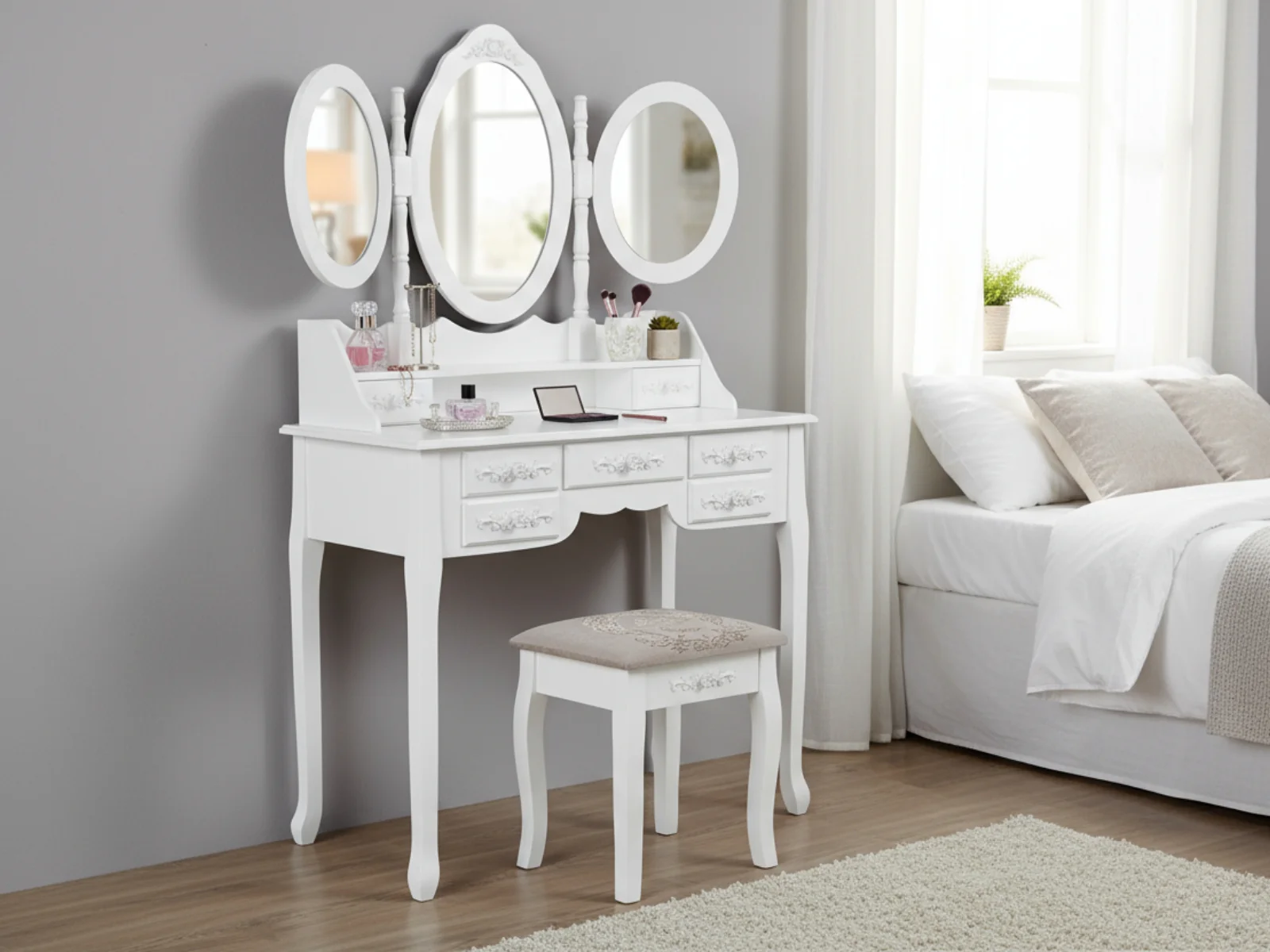 7-Drawer Dressing Table Set White - 90 cm - Image 11