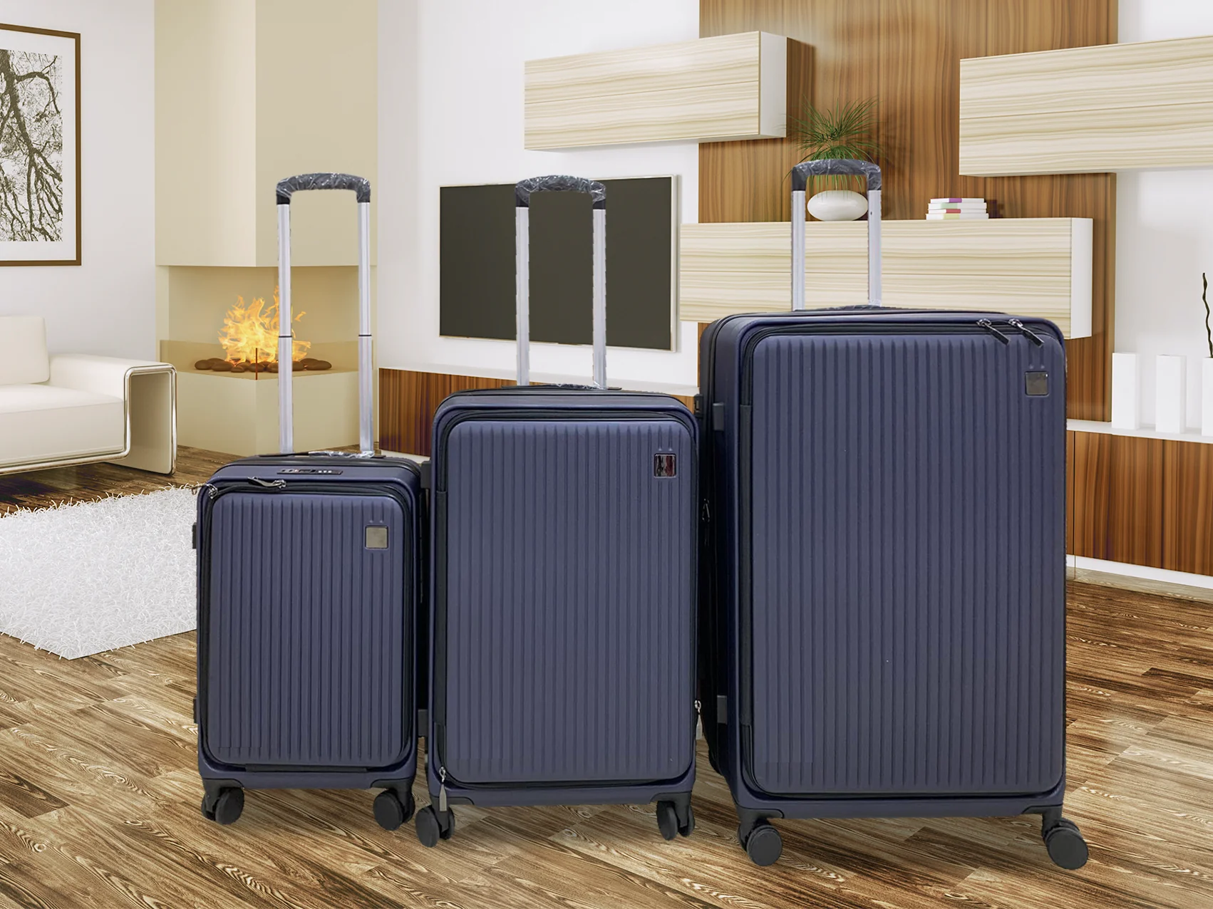 3-Piece Front Open Luggage Set – Blue - Image 2