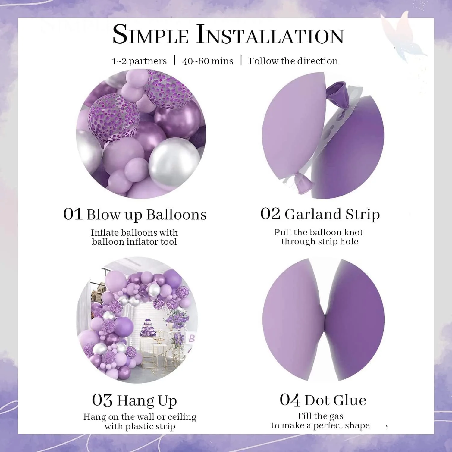 DS BS 118Pcs Butterfly Stickers Balloon Garland Kit-Purple - Image 2