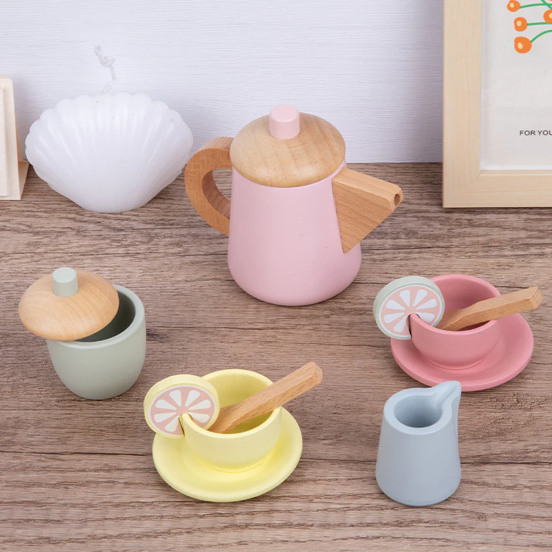 DS BS 12 Pcs Wooden Tea Cup Saucers Spoons Tray Set - Image 2