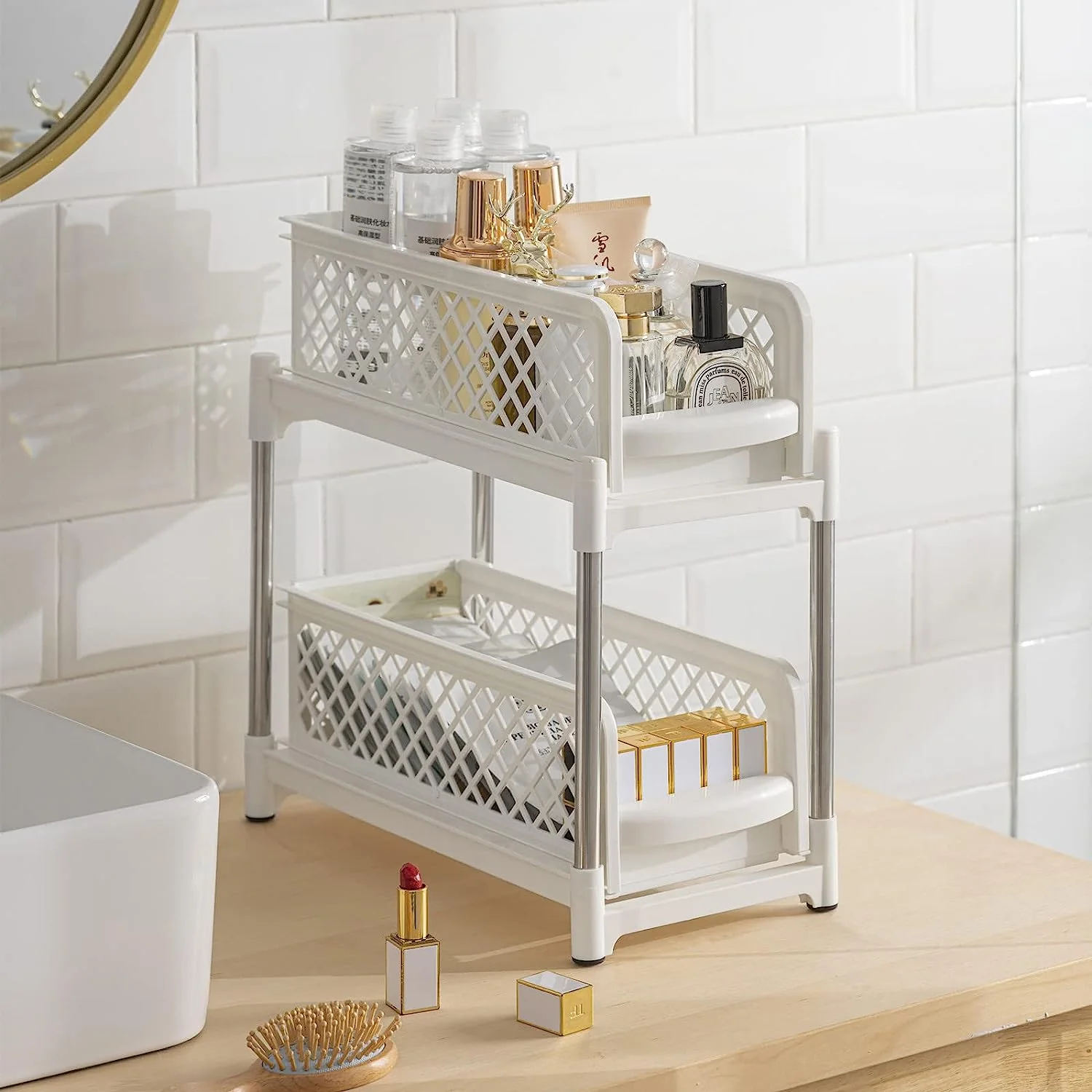 DS BS 2 Tier Bathroom Kitchen Countertop Pull Out Cabinet Organizer - Image 3