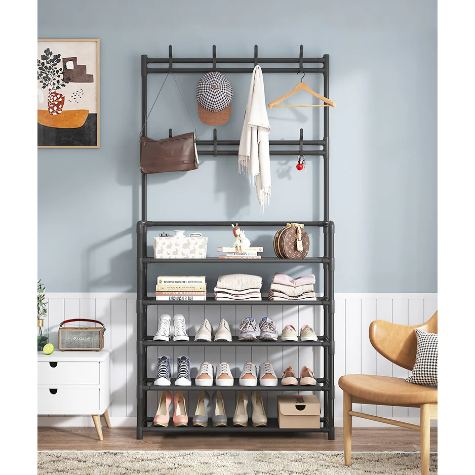 DS BS 5 Tier Multifunctional Hat Rack Shoes Rack Hall Tree-Black - Image 5