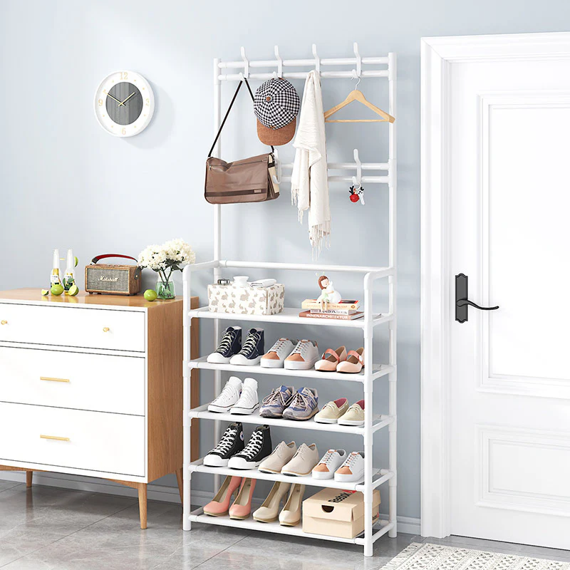 DS BS 5 Tier Multifunctional Hat Rack Shoes Rack Hall Tree-White