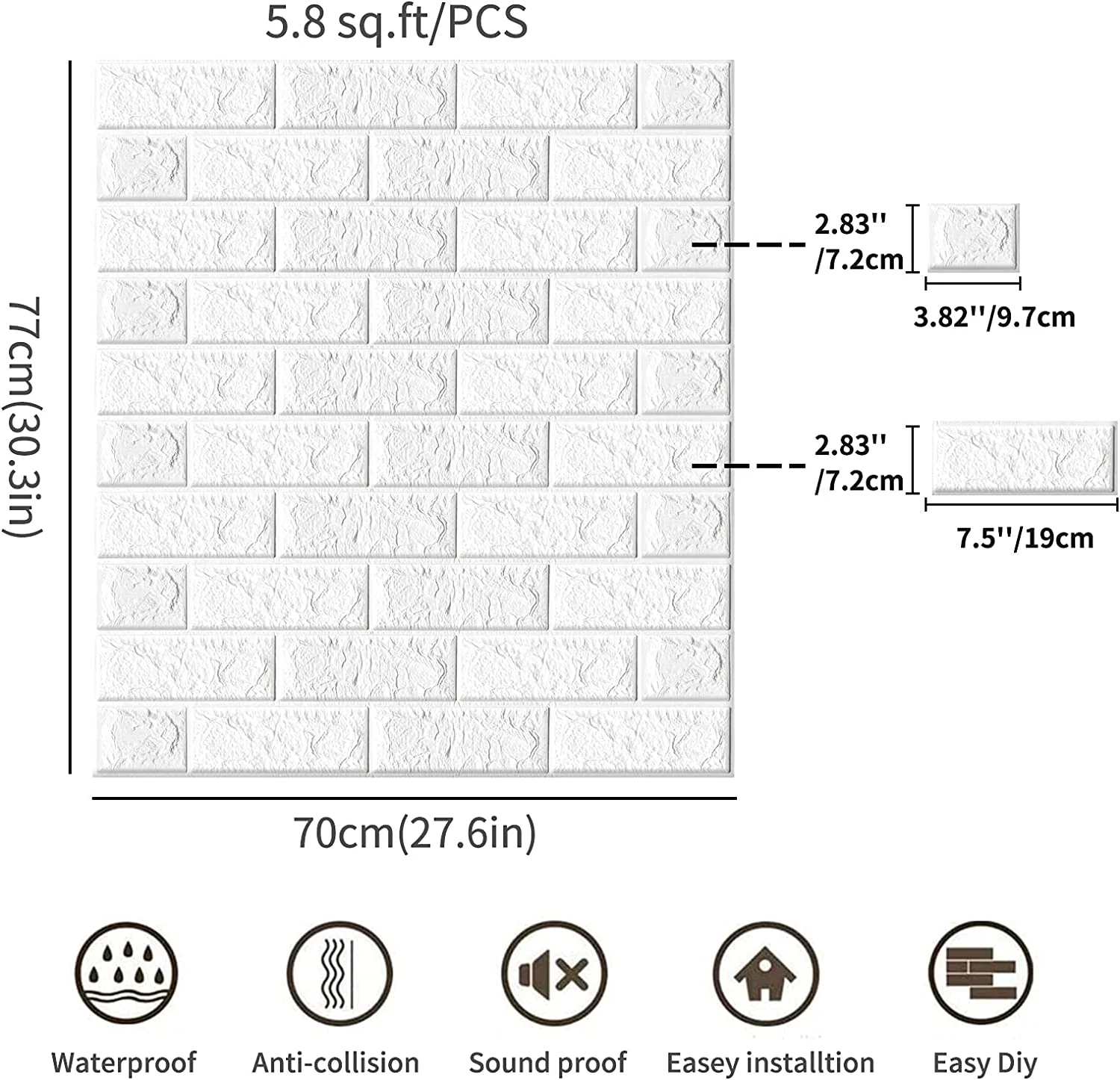 DS BS 5Pcs 3D Brick Self Adhesive Wallpaper Panels 70X75CM-White - Image 2