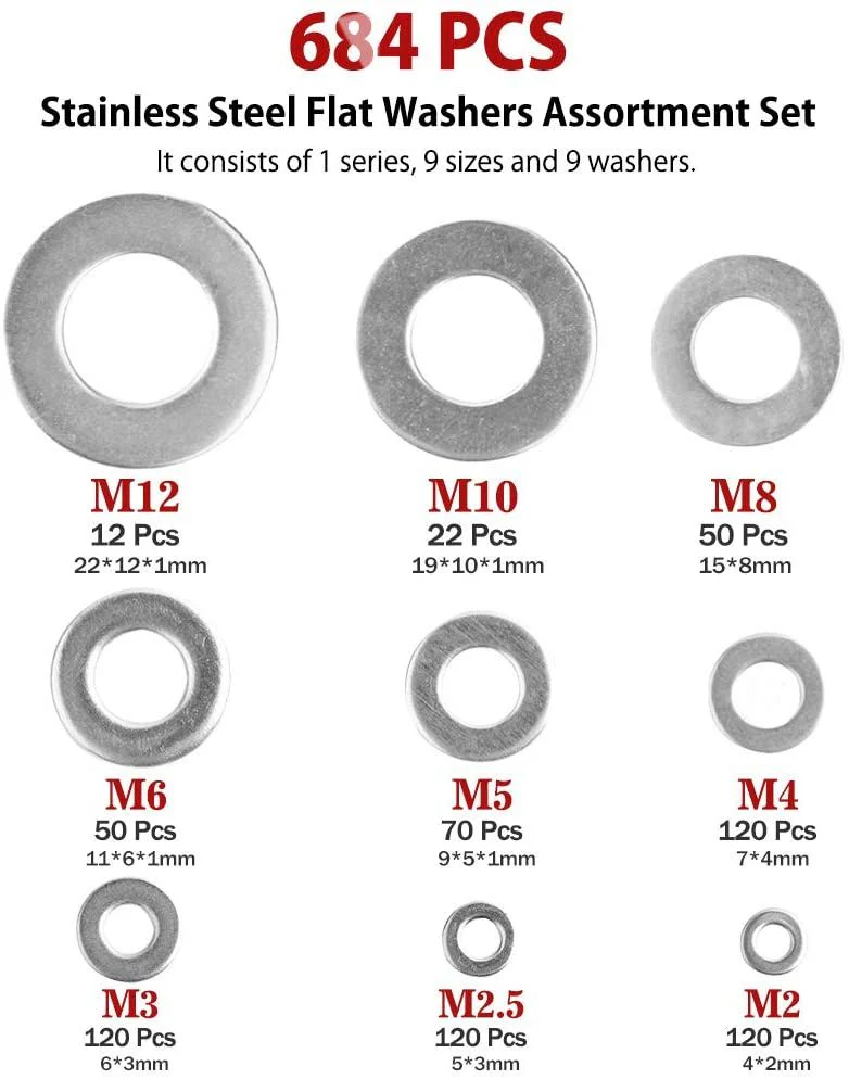 DS BS 684Pcs 304 Stainless Steel Flat Washers Assortment Washers Hardware Set - Image 7