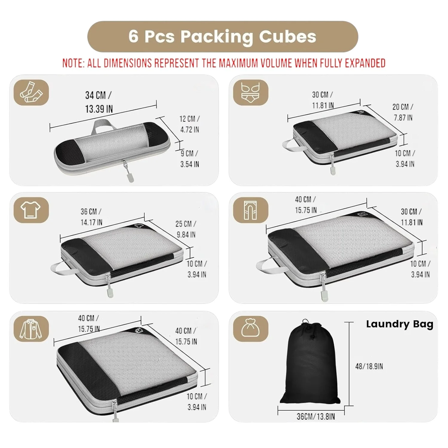 DS BS 6pcs Compression Packing Cubes Travel Luggage Organizer Set - Black - Image 10