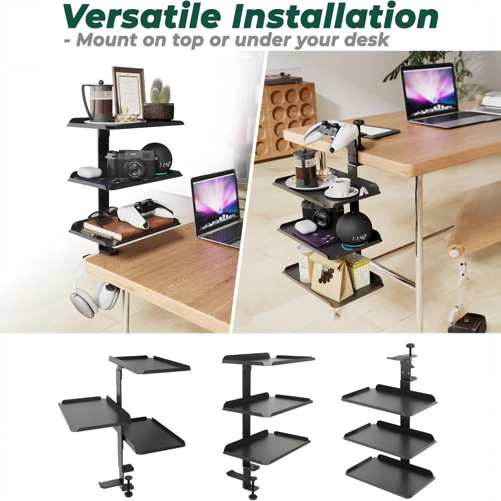 DS BS Clamp On Desk Shelf with 3 Adjustable Trays-Black - Image 3
