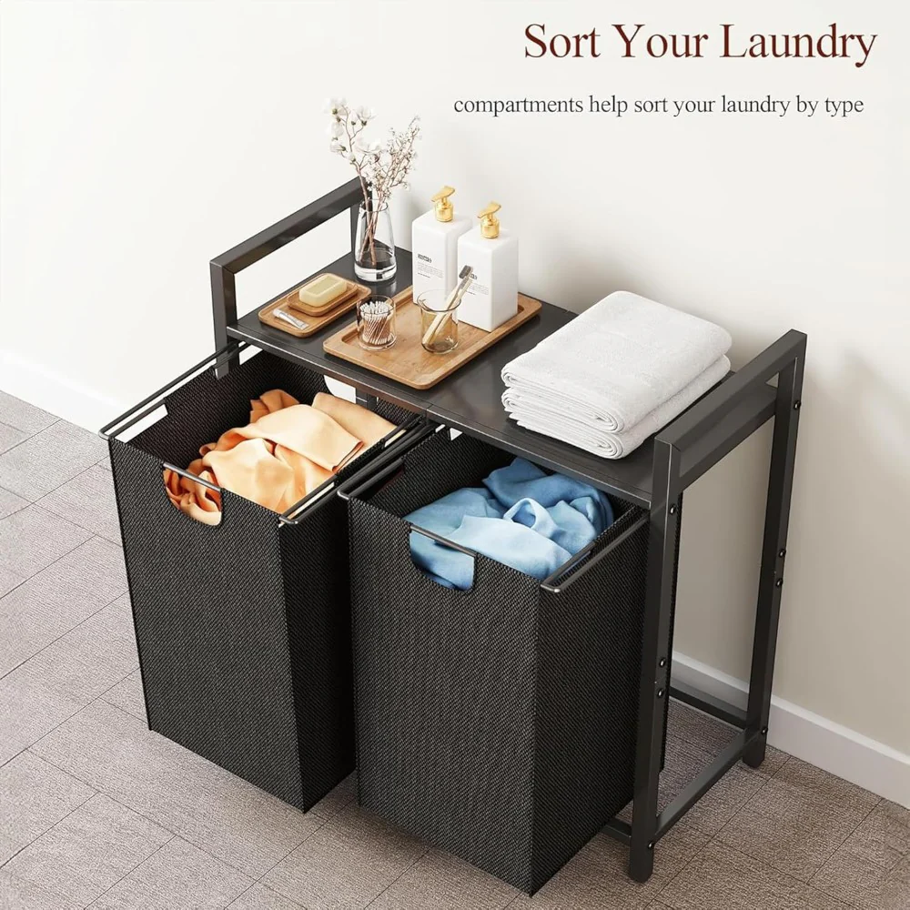 DS BS Dual Laundry Hamper with Pull-Out Bags Steel Top Shelf – 72×32×71cm - Image 7