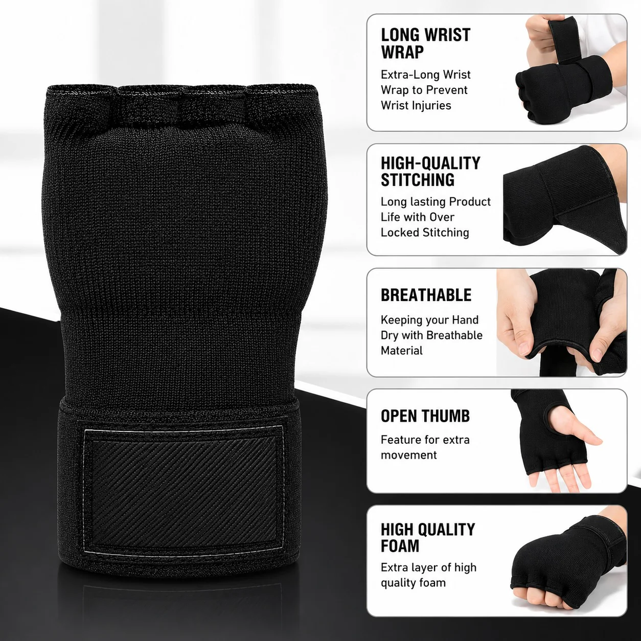 DS BS Half Finger Gel Boxing Hand Wraps | Black - Image 5