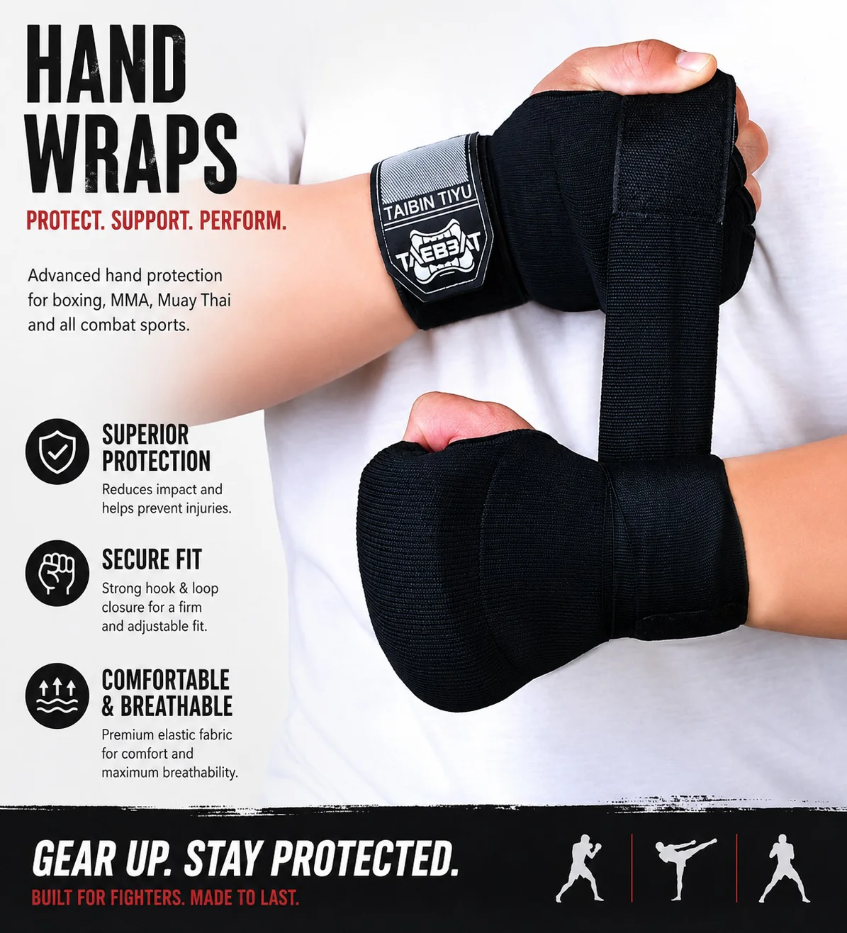 DS BS Half Finger Gel Boxing Hand Wraps | Black - Image 6
