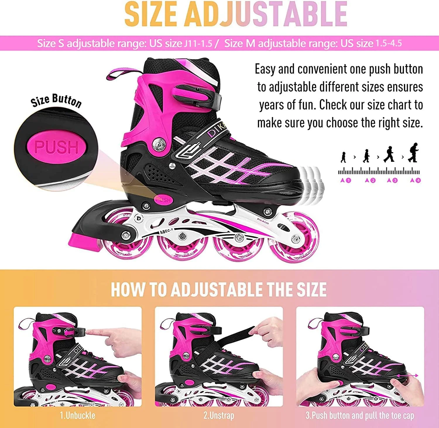 DS BS Kids Adjustable Inline Skates with Light Up Wheels Size33-37Pink - Image 2