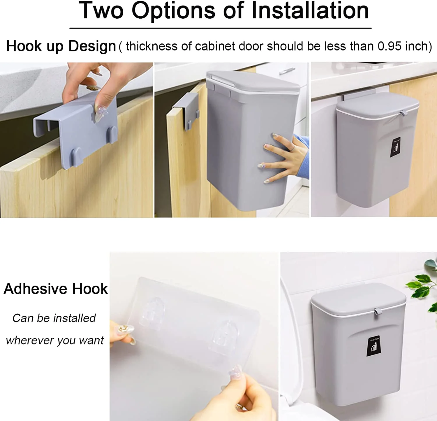DS BS Kitchen Cabinet Door Hanging Trash Can with Lid-Gray - Image 2