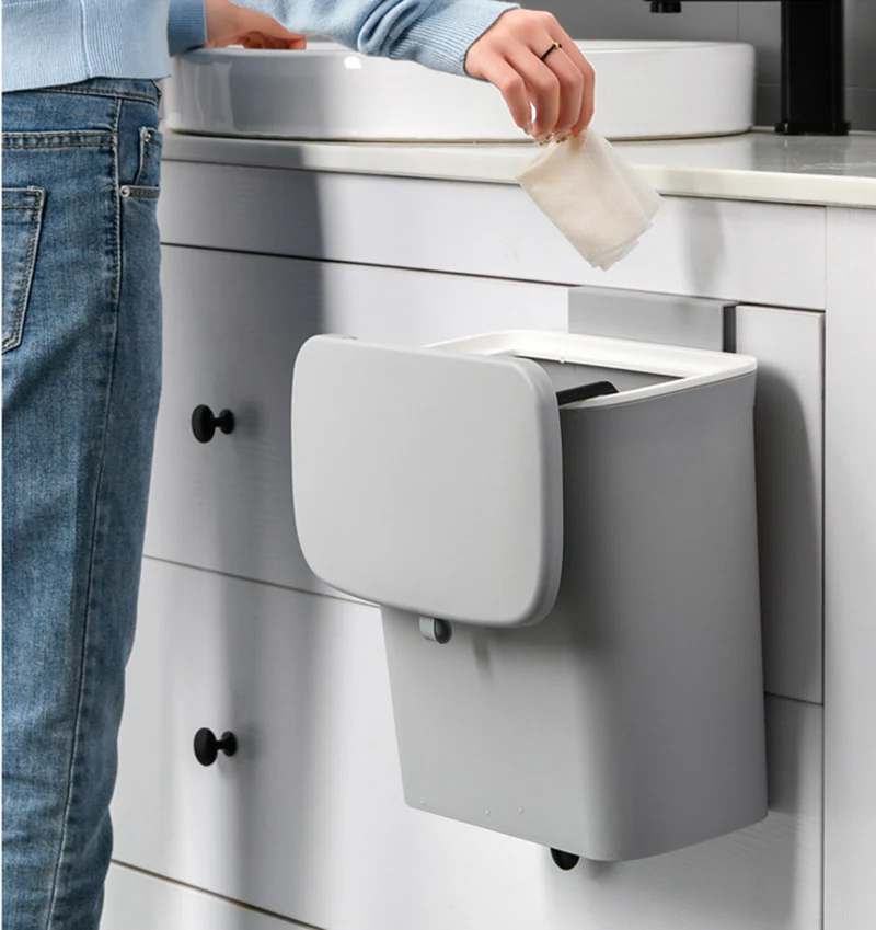 DS BS Kitchen Cabinet Door Hanging Trash Can with Lid-Gray - Image 5