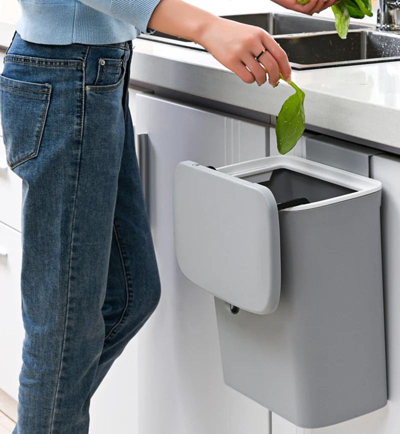 DS BS Kitchen Cabinet Door Hanging Trash Can with Lid-Gray - Image 6