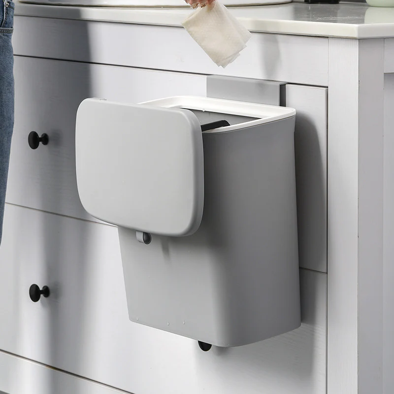 DS BS Kitchen Cabinet Door Hanging Trash Can with Lid-Gray - Image 7