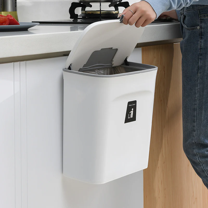 DS BS Kitchen Cabinet Door Hanging Trash Can with Lid-White - Image 2