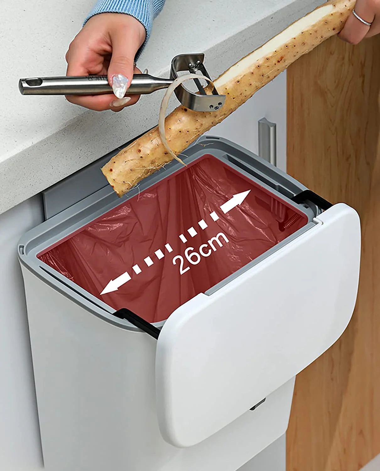 DS BS Kitchen Cabinet Door Hanging Trash Can with Lid-White - Image 5