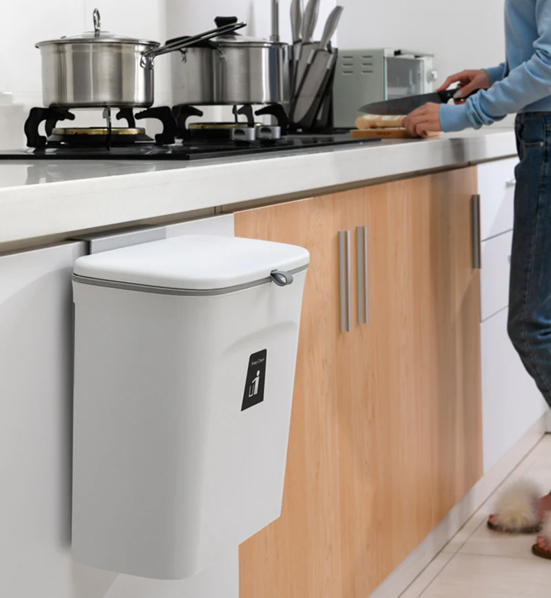 DS BS Kitchen Cabinet Door Hanging Trash Can with Lid-White - Image 8