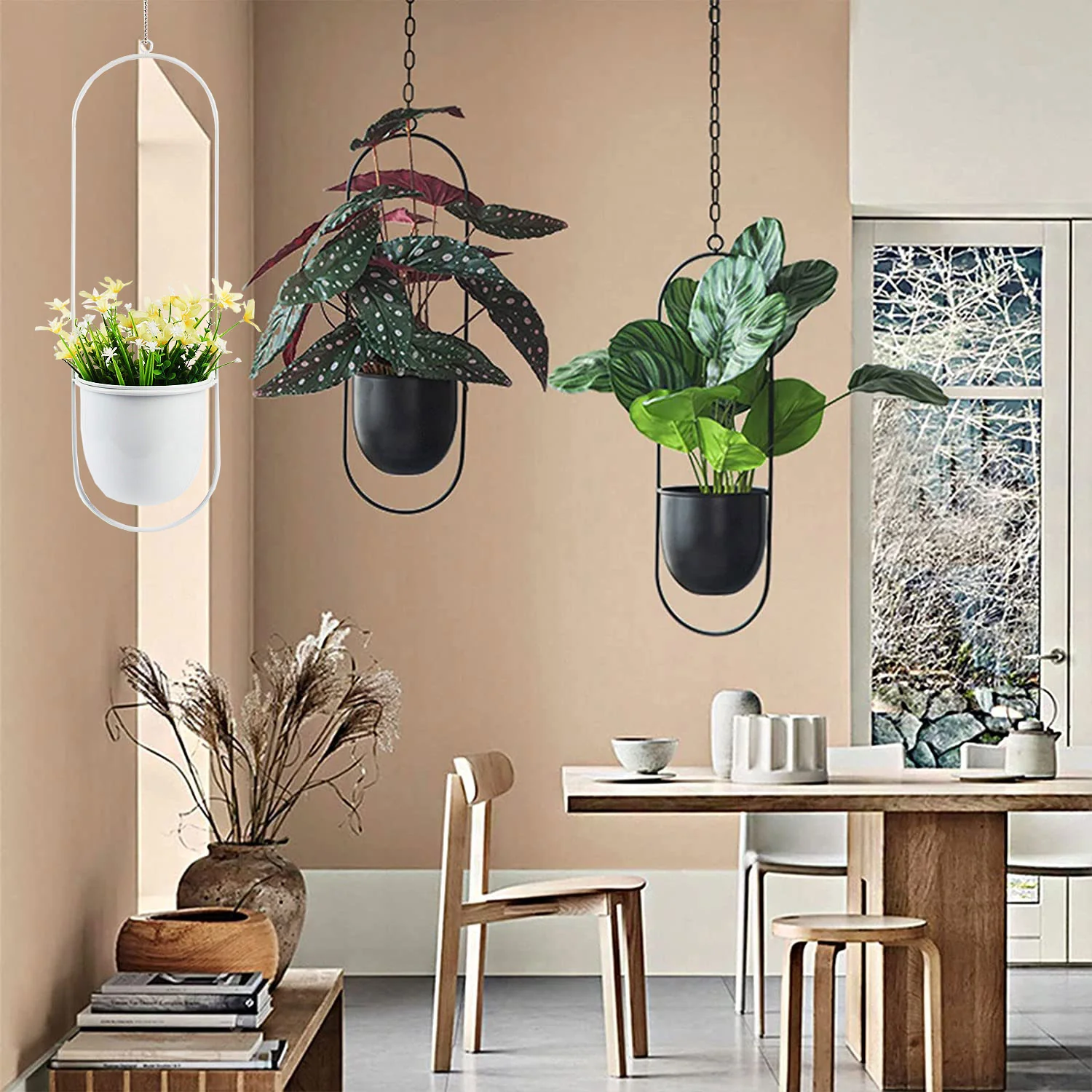 DS BS Minimalist Metal Plant Hanger Oval Shape-White - Image 3
