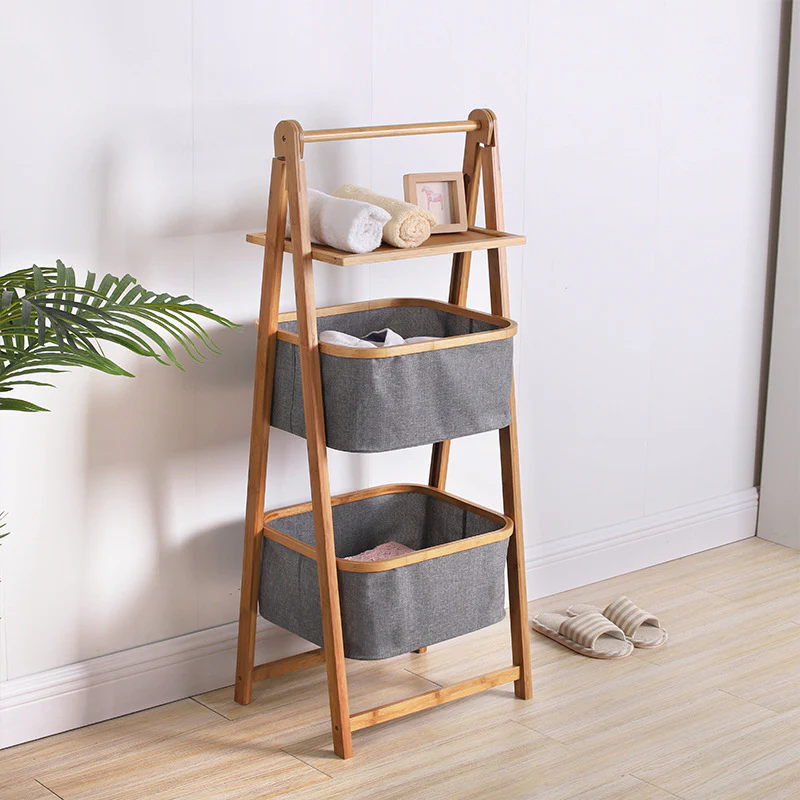 DS BS Natural Bamboo 2-Tier Laundry Basket Rack with Shelf - Image 7