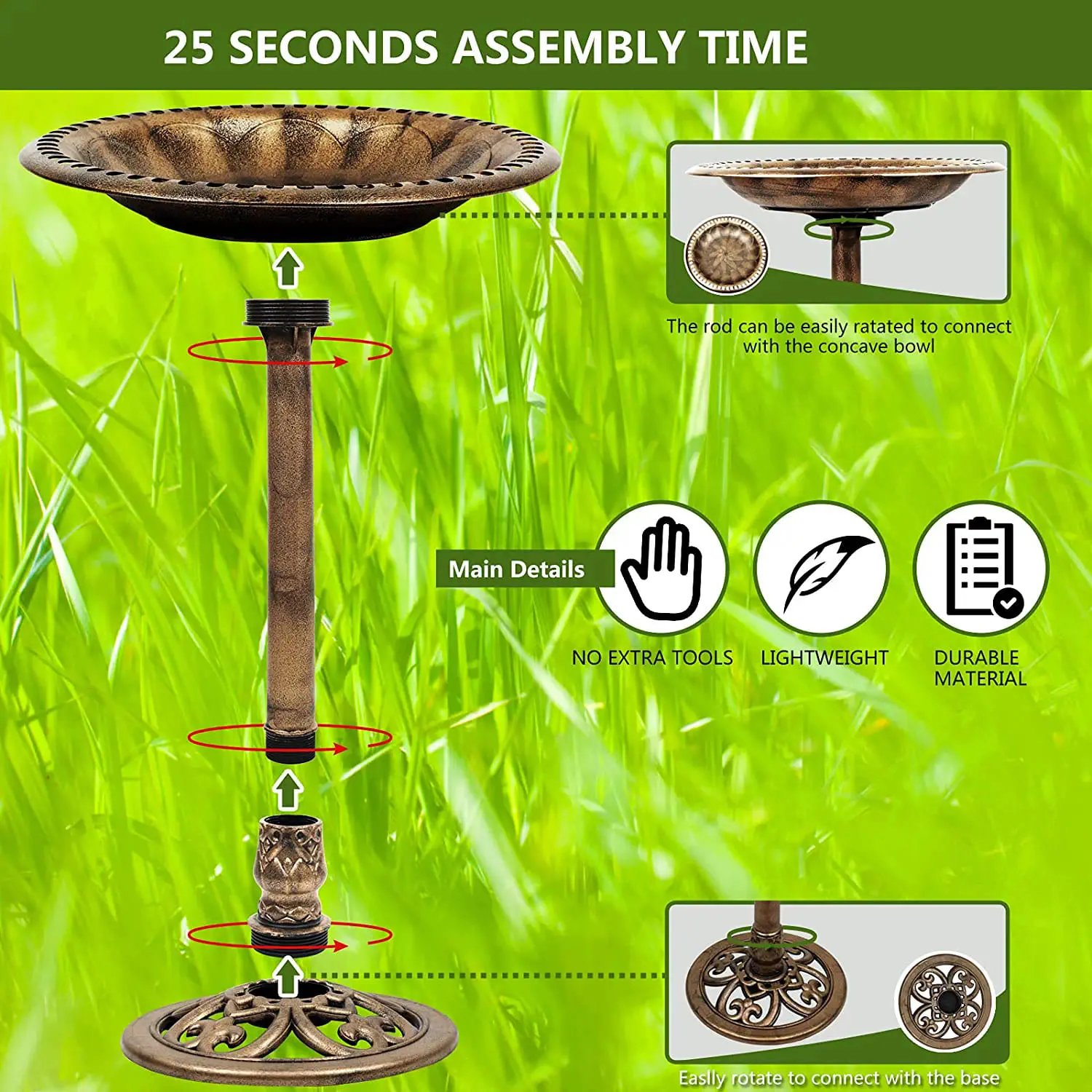 DS BS Outdoor Traditional Resin Garden Bird Bath-Copper - Image 3