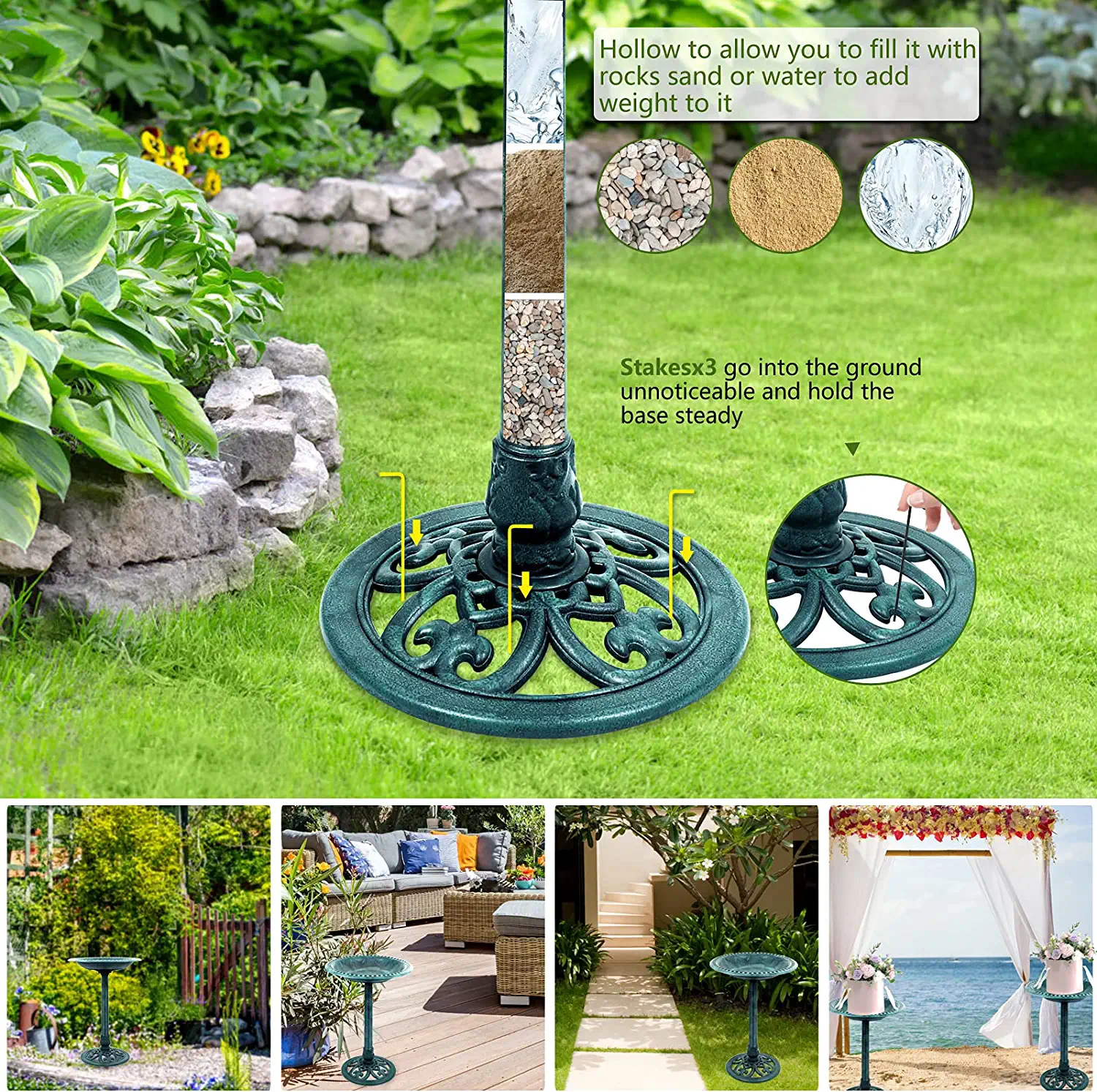 DS BS Outdoor Traditional Resin Garden Bird Bath-Green - Image 2