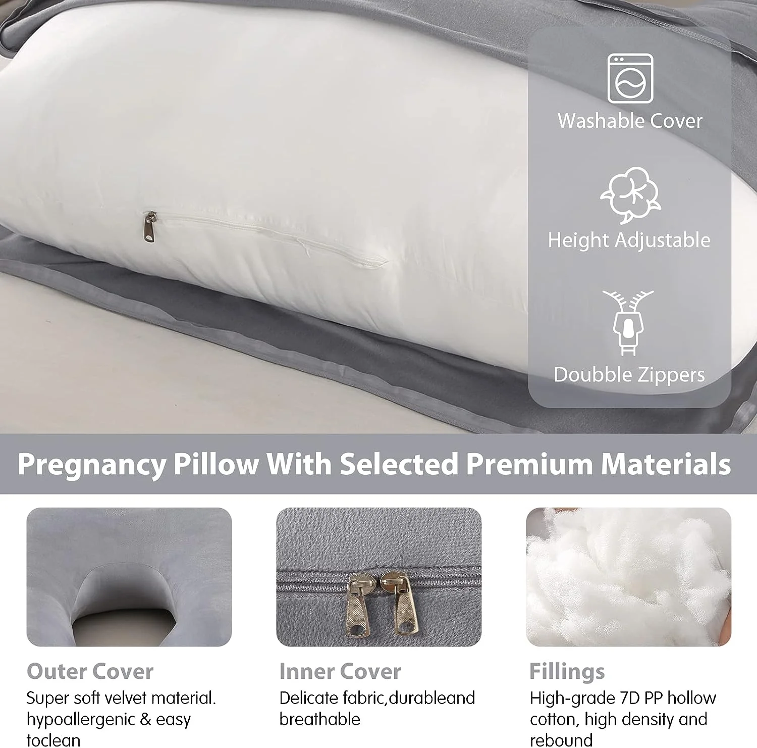 DS BS Pregnancy Pillows U-Shape Full Body Pillow-Gray - Image 2