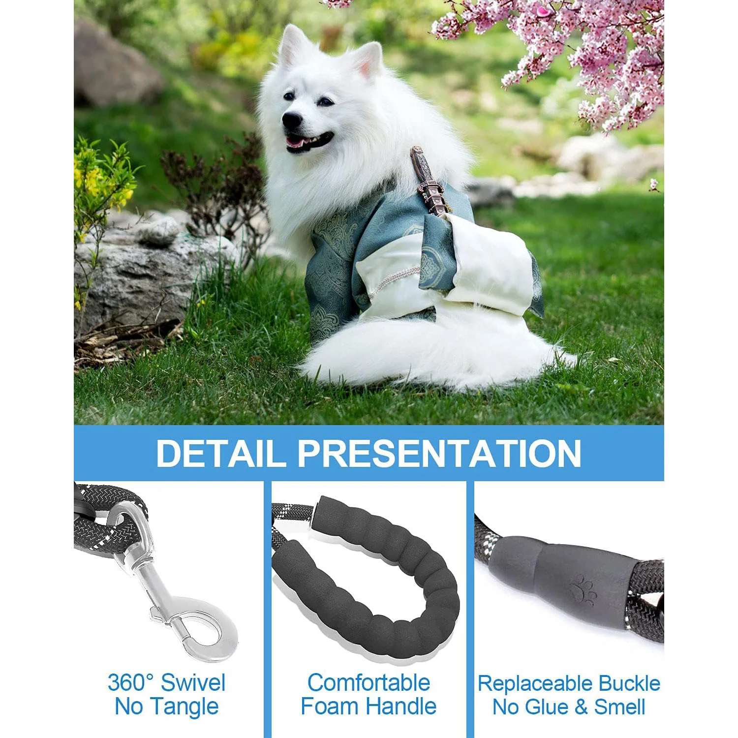 DS BS Reflective Rope Dog Leash 150cm-Gray - Image 3