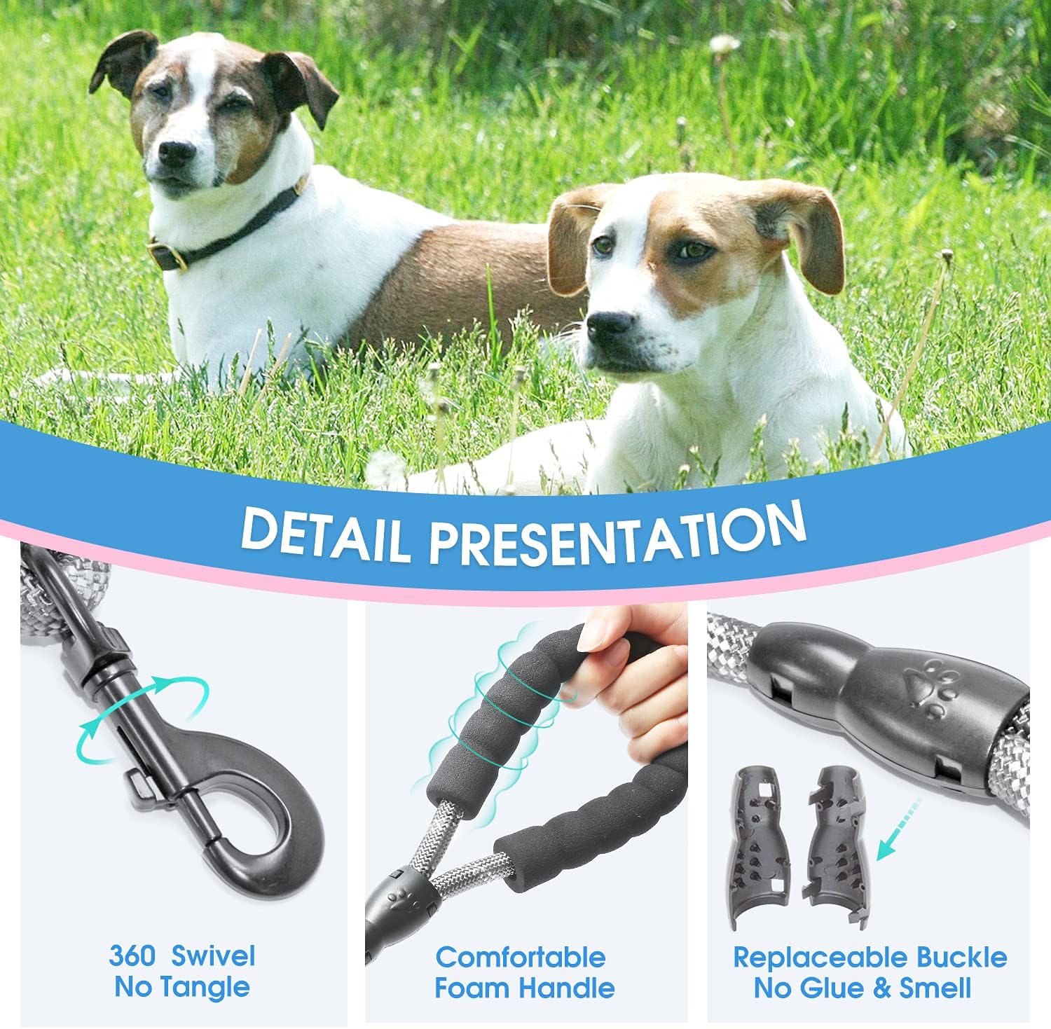 DS BS Reflective Rope Dog Leash 150cm-Gray - Image 4
