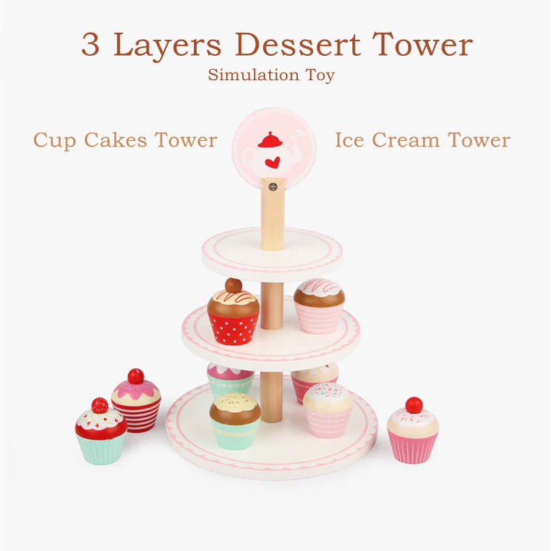DS BS Wooden 3 Layer Cup Cakes Pretend Play Dessert Tower - Image 2