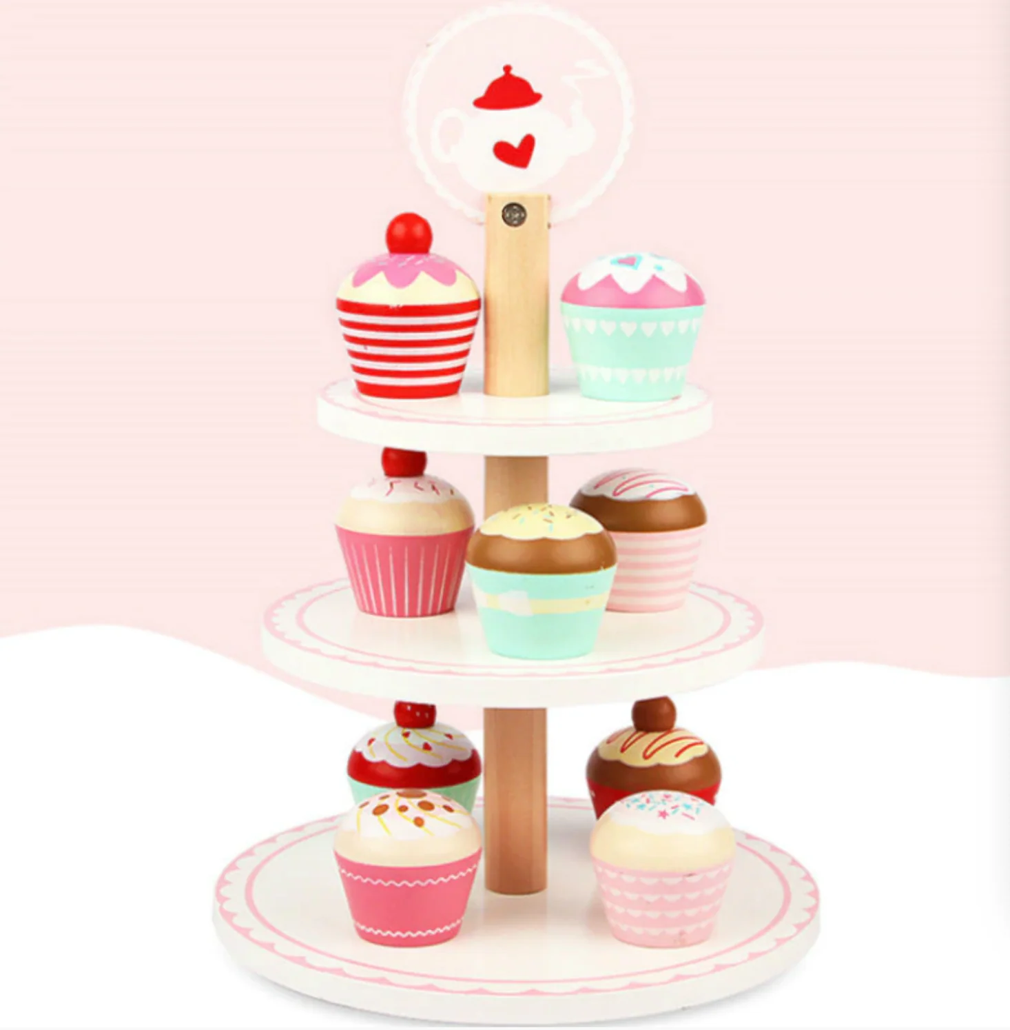 DS BS Wooden 3 Layer Cup Cakes Pretend Play Dessert Tower - Image 6