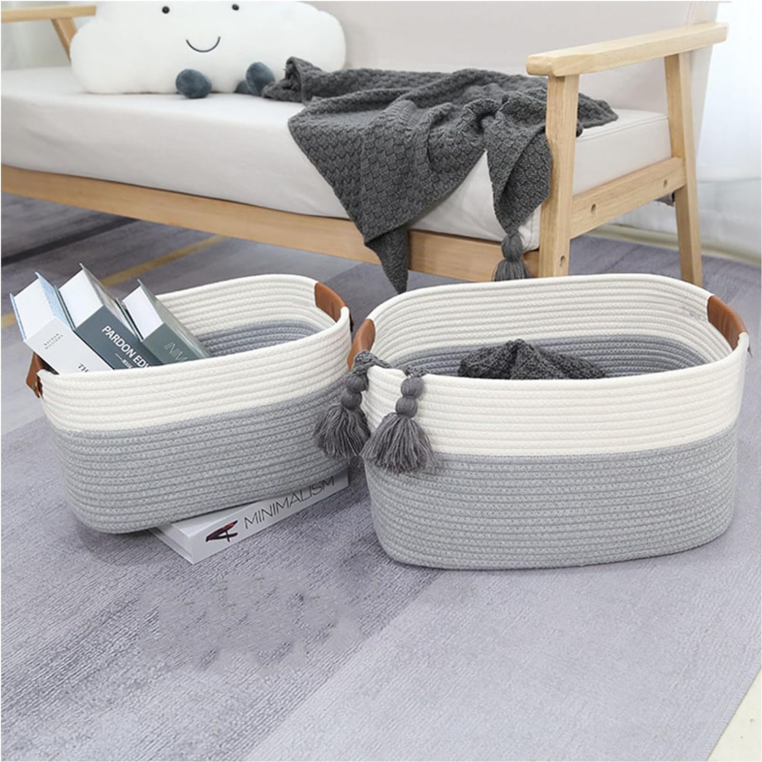 DS BS Woven Rope Basket with PU Handles-White/Grey - Image 5