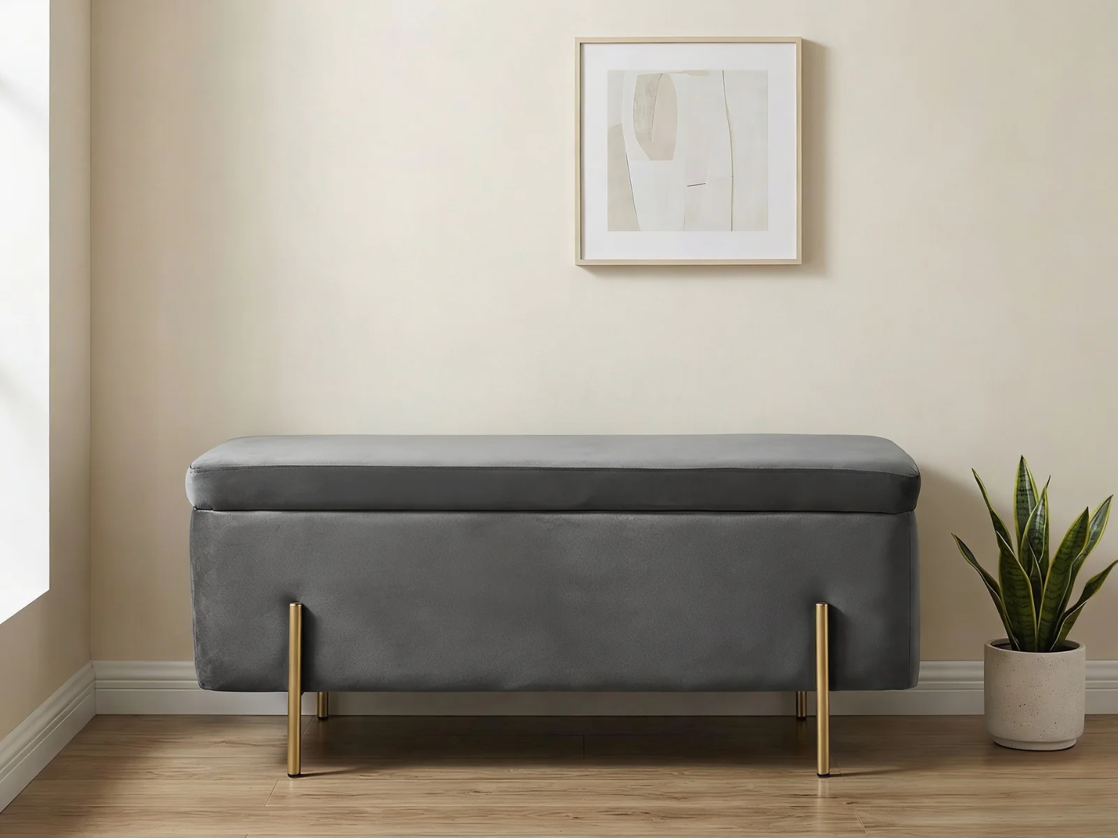 Molto Velvet Ottoman Bench with Storage - Light Grey - Image 2