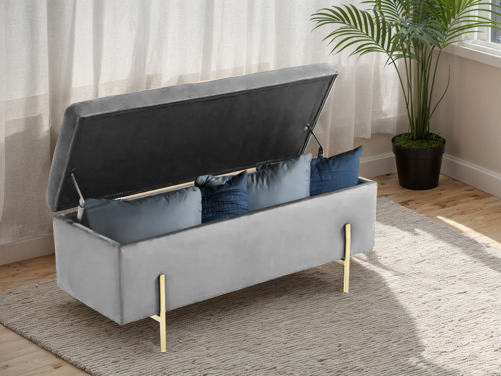 Molto Velvet Ottoman Bench with Storage - Grey - Image 4