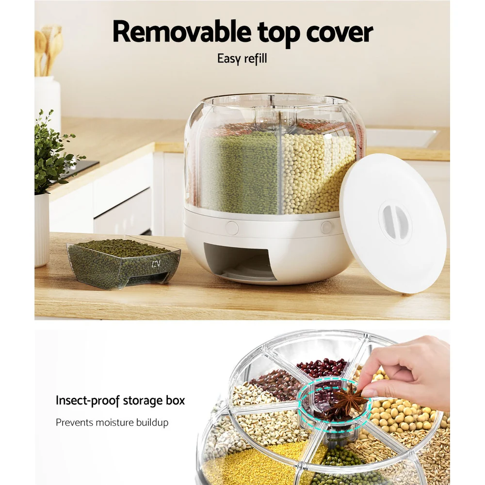 DS NA 6-In-1 Cereal Dispenser Rotating Grain 10KG Rice Storage Dry Food Box - Image 6