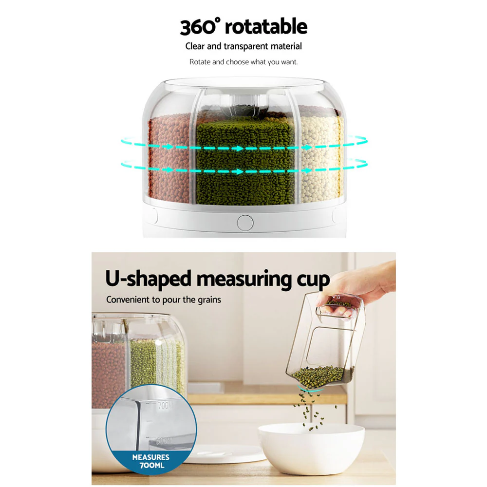 DS NA 6-In-1 Cereal Dispenser Rotating Grain 10KG Rice Storage Dry Food Box - Image 7