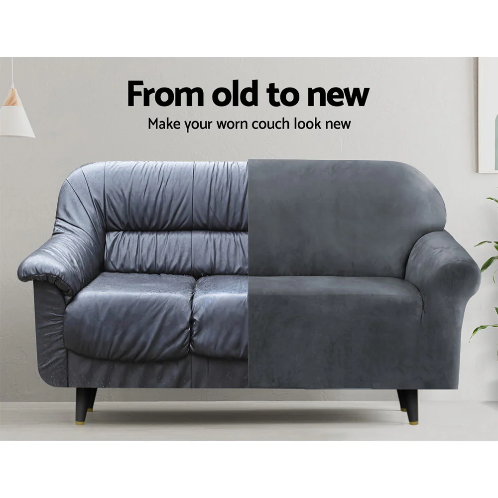 DS NA Artiss Velvet Sofa Cover Plush Couch Cover Lounge Slipcover 1 Seater Grey - Image 4