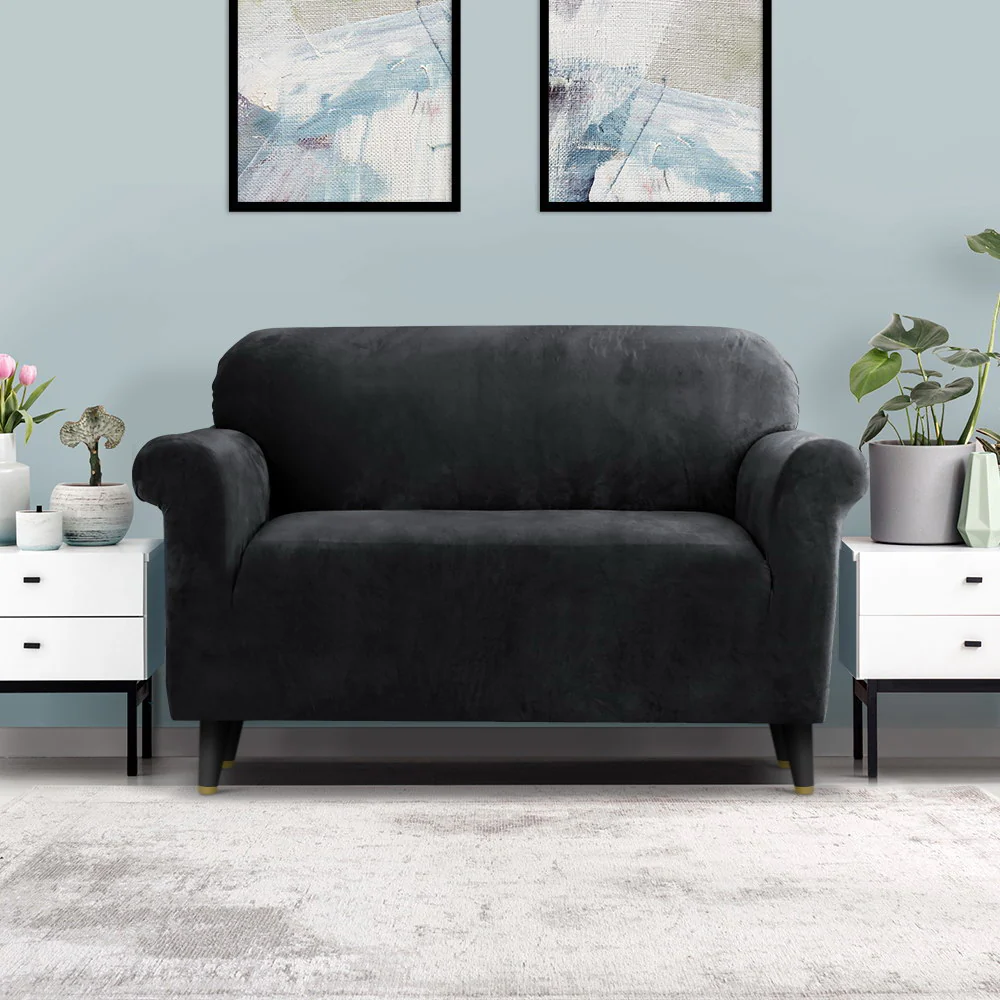 DS NA Artiss Velvet Sofa Cover Plush Couch Cover Lounge Slipcover 2 Seater Black - Image 8