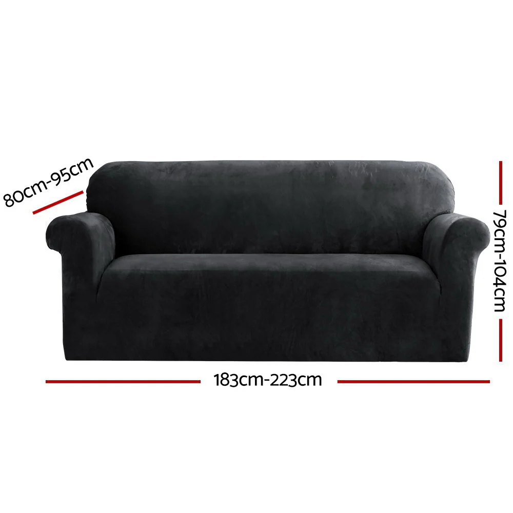 DS NA Artiss Velvet Sofa Cover Plush Couch Cover Lounge Slipcover 3 Seater Black - Image 2