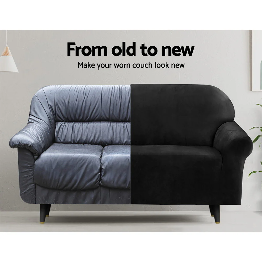 DS NA Artiss Velvet Sofa Cover Plush Couch Cover Lounge Slipcover 3 Seater Black - Image 4