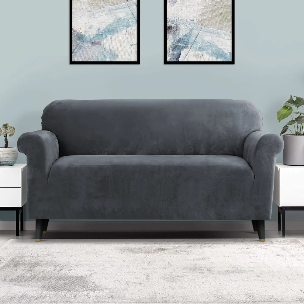 DS NA Artiss Velvet Sofa Cover Plush Couch Cover Lounge Slipcover 3 Seater Grey - Image 8