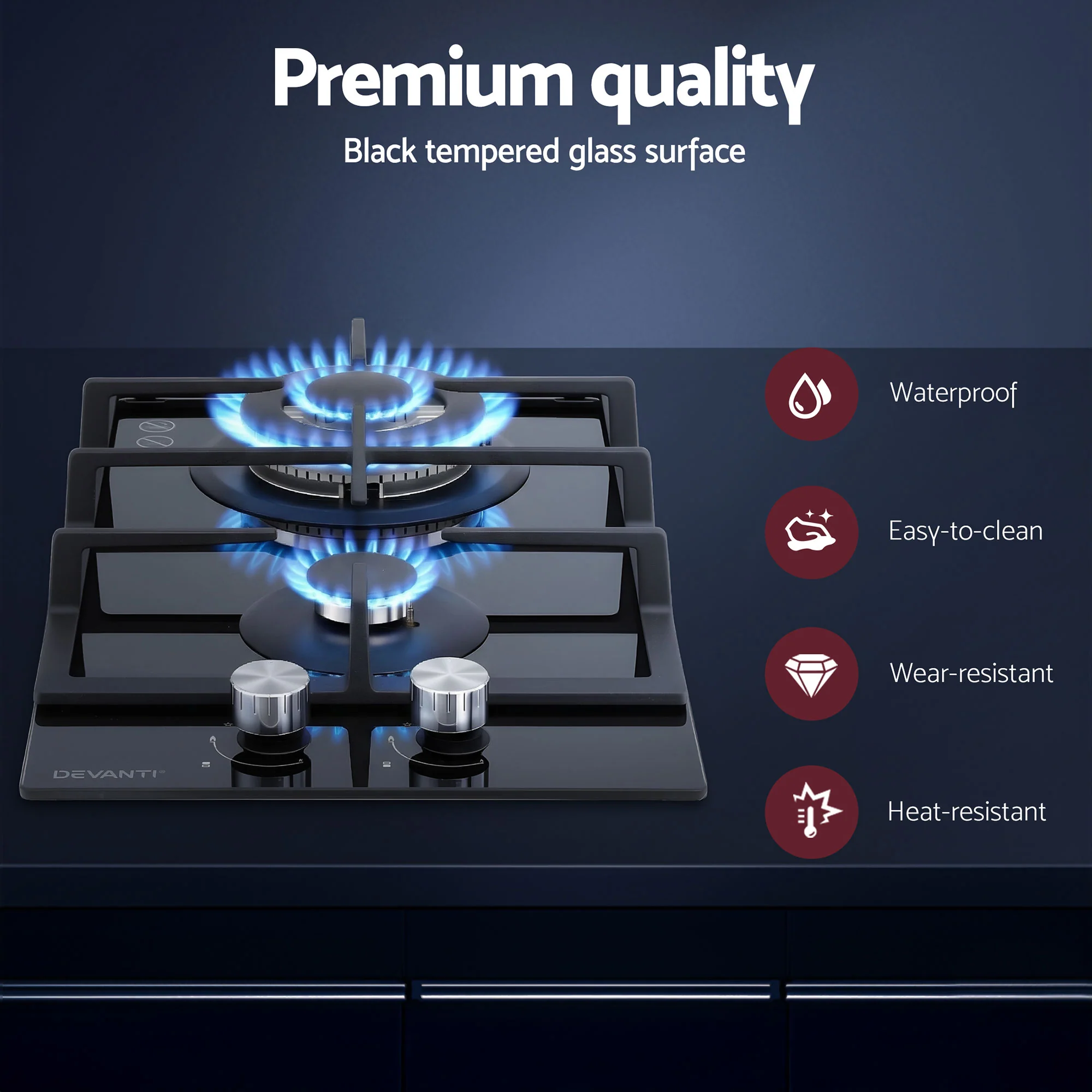 DS NA Devanti Gas Cooktop 30cm 2 Burner Built-in Stove Glass Cook Top NG LPG - Image 4