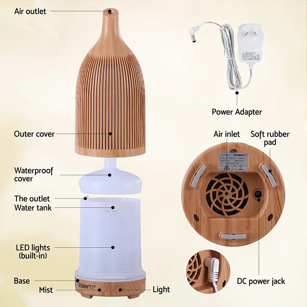 DS NA Devanti Ultrasonic Aroma Diffuser Aromatherapy 200ml LED Lights wood grain - Image 9