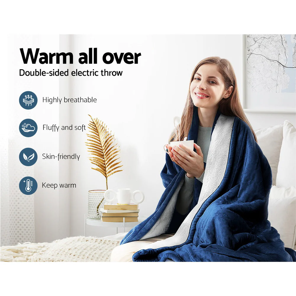 DS NA Electric Throw Rug Heated Blanket Washable Snuggle Flannel Winter Navy - Image 5