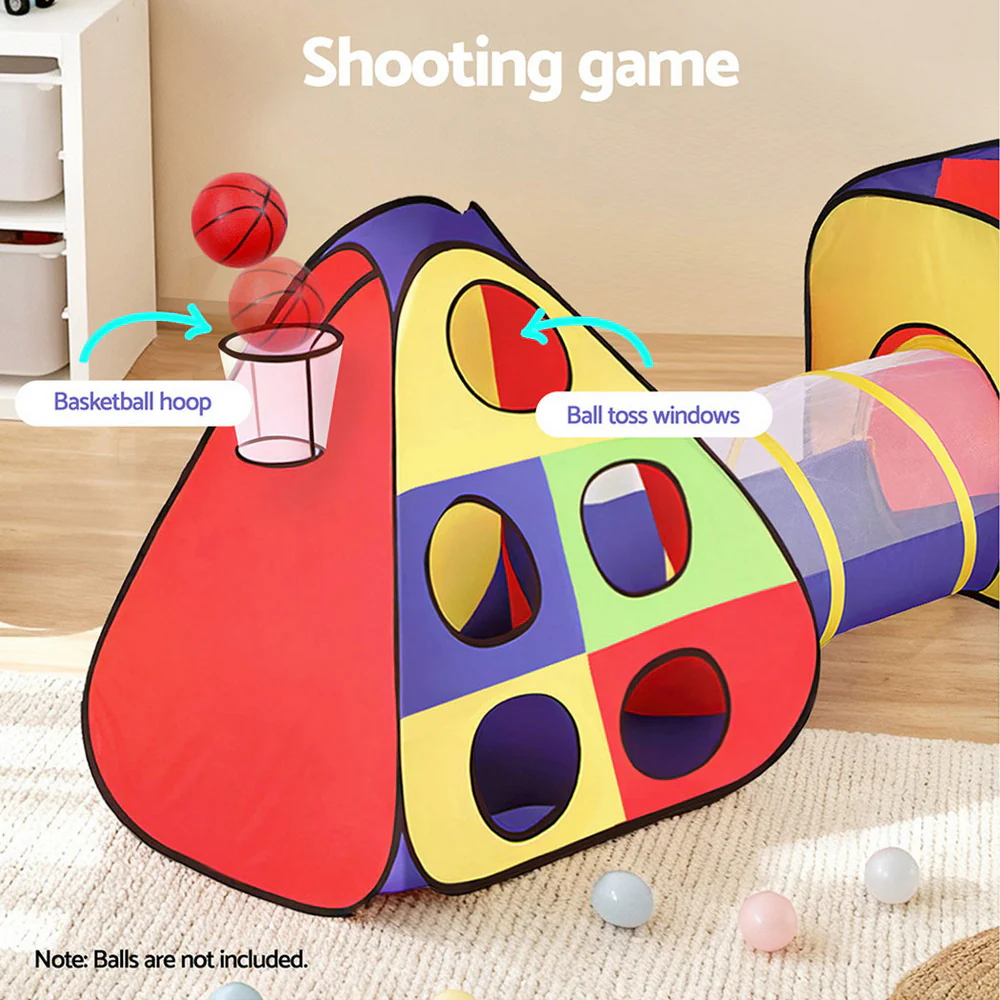 DS NA Keezi Kids Play Tent Pop Up Playhouse Pit Crawl Tunnel Basketball Hoop - Image 6