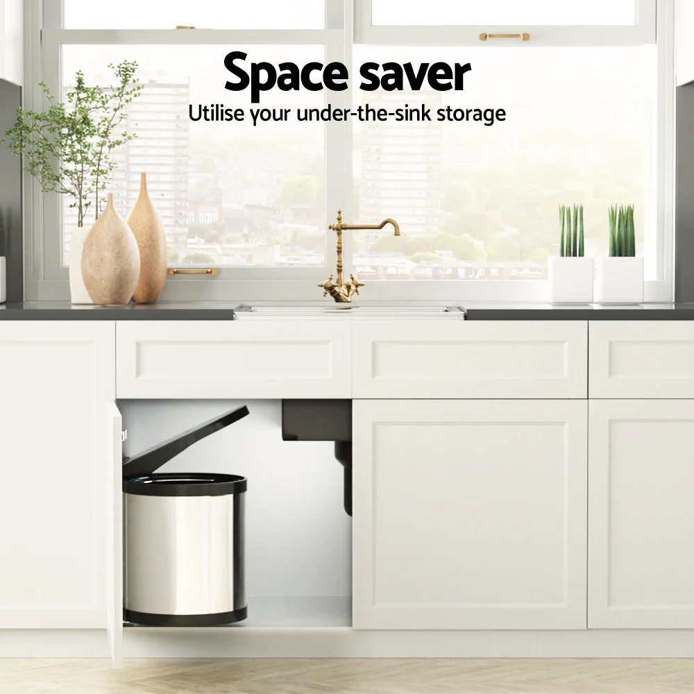 DS NA Kitchen Swing Out Pull Out Bin Stainless Steel Garbage Rubbish Can 12L - Image 6