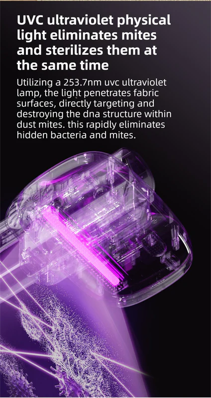 DS NA Purple 3-Head Cordless Handheld UV Mite Remover Set with Floor & Mite Head - Image 4