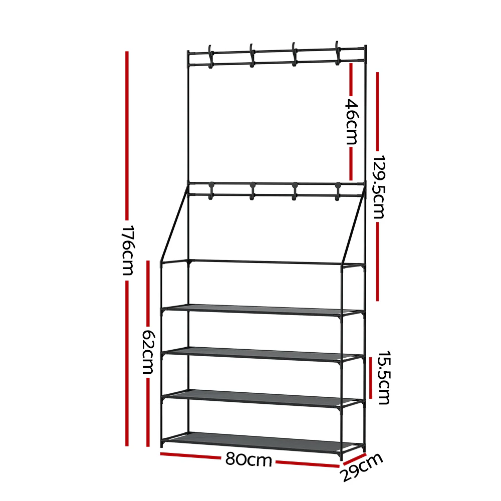 DS NA Shoe Rack Coat Hat Stand Hallway Shoes Storage Tree Metal Shelves Black - Image 2