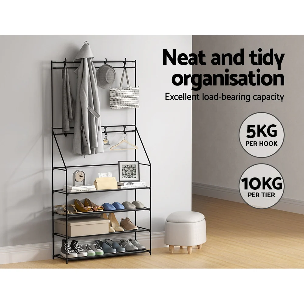 DS NA Shoe Rack Coat Hat Stand Hallway Shoes Storage Tree Metal Shelves Black - Image 7